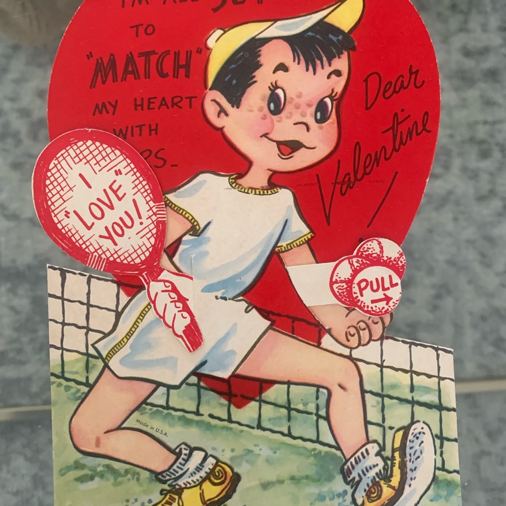 Vintage Valentine’s Day decor mechanical tennis player valentine.